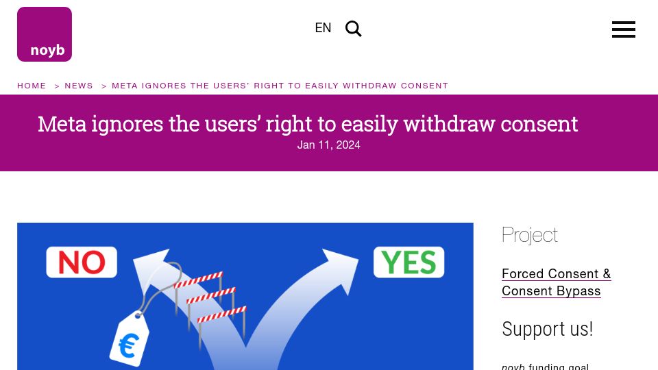 Screenshot of noyb.eu: Meta unlawfully ignores the users' right to easily withdraw consent