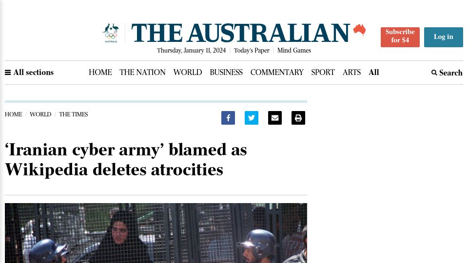 Screenshot of theaustralian.com.au: 'Iranian cyber army' blamed as Wikipedia deletes atrocities