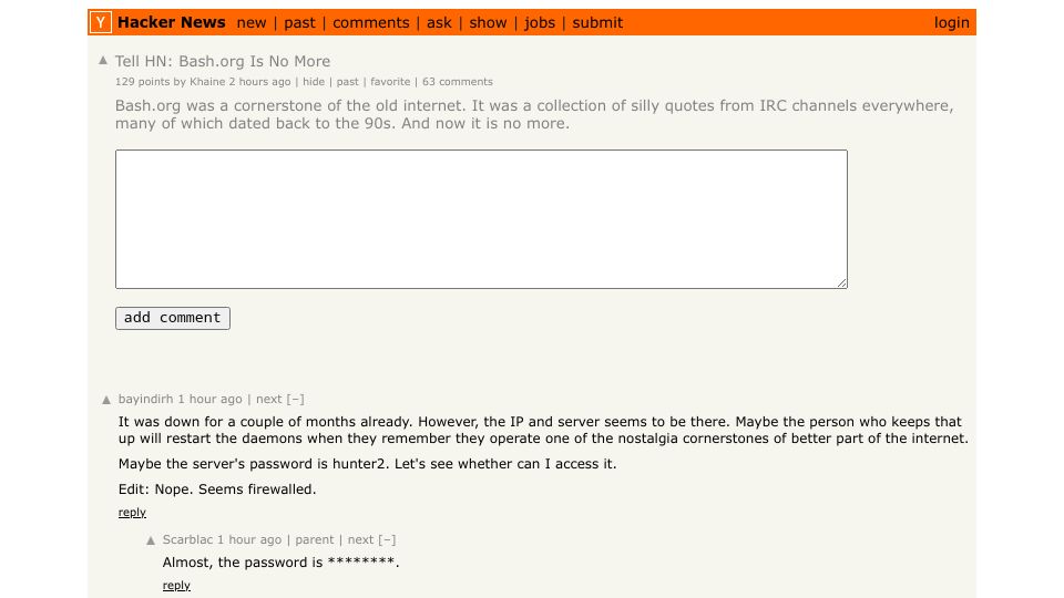 Screenshot of Hacker News post: Tell HN: Bash.org is no more