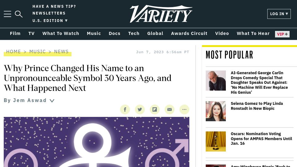 Screenshot of variety.com: Why Prince Changed His Name to an Symbol 30 Years Ago, and What Happened Next