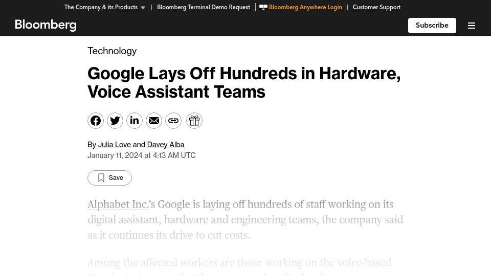 Screenshot of bloomberg.com: Google lays off hundreds in hardware, voice assistant teams