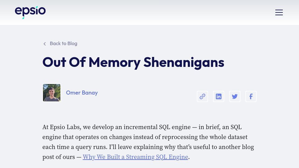 Screenshot of epsio.io: Out of Memory Shenanigans