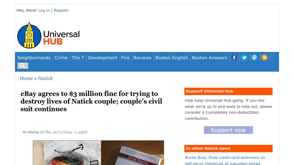 Screenshot of universalhub.com: eBay agrees to $3M fine over couple's harassment case, civil suit continues