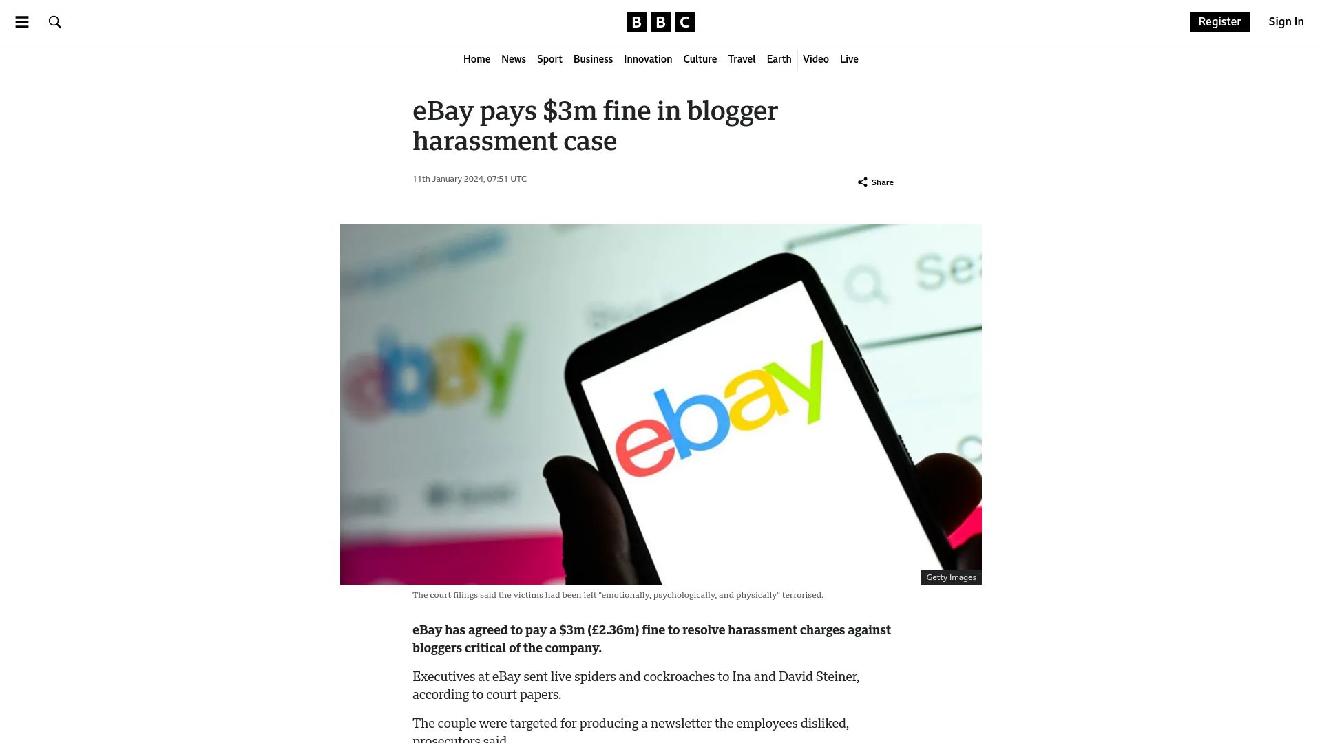 Screenshot of bbc.com: Executives at eBay sent live spiders and cockroaches to critical bloggers