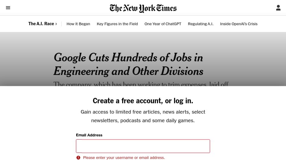 Screenshot of nytimes.com: Google Cuts Jobs in Engineering and Other Divisions