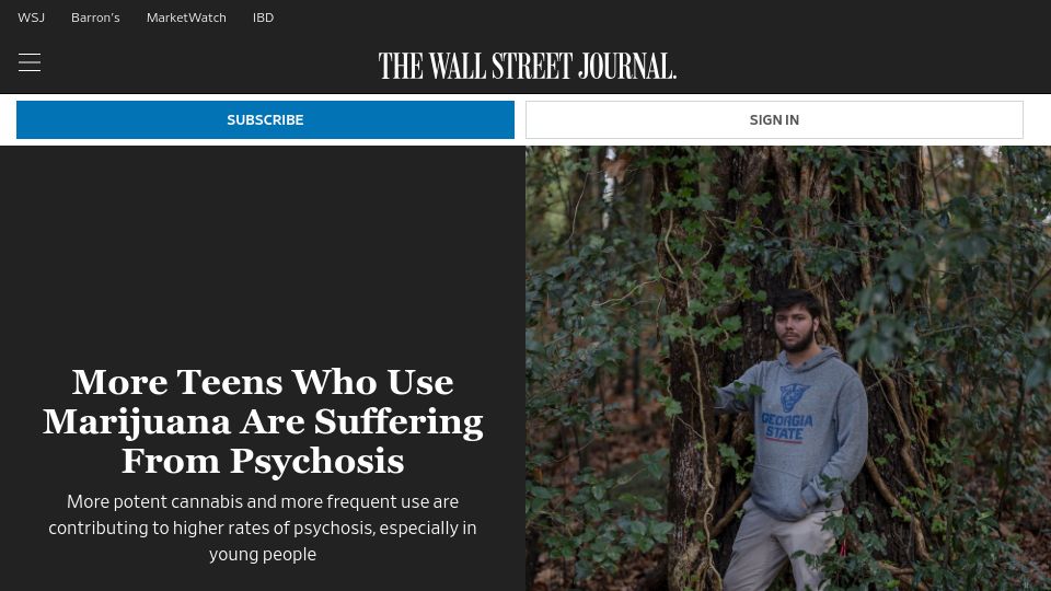 Screenshot of wsj.com: More Teens Who Use Marijuana Are Suffering from Psychosis