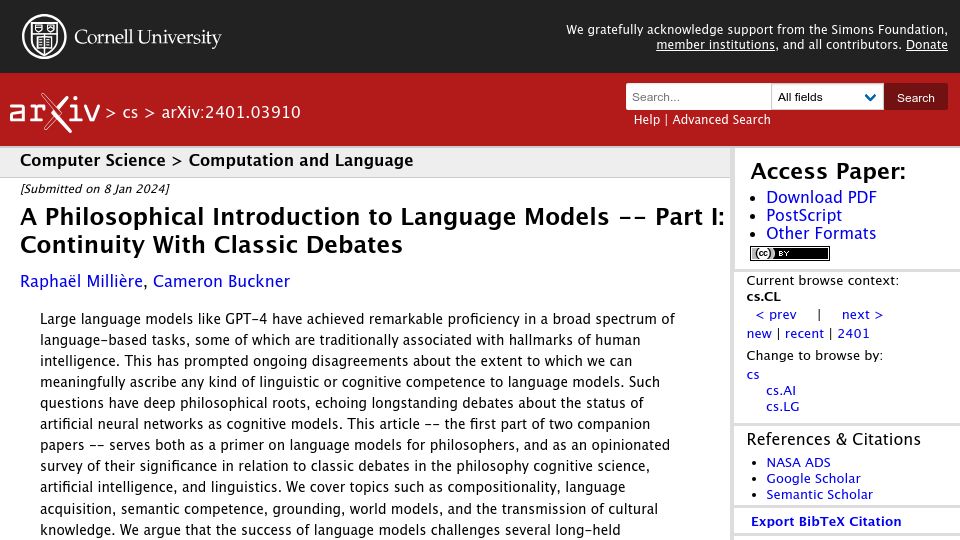 Screenshot of arxiv.org: A Philosophical Introduction to Language Models