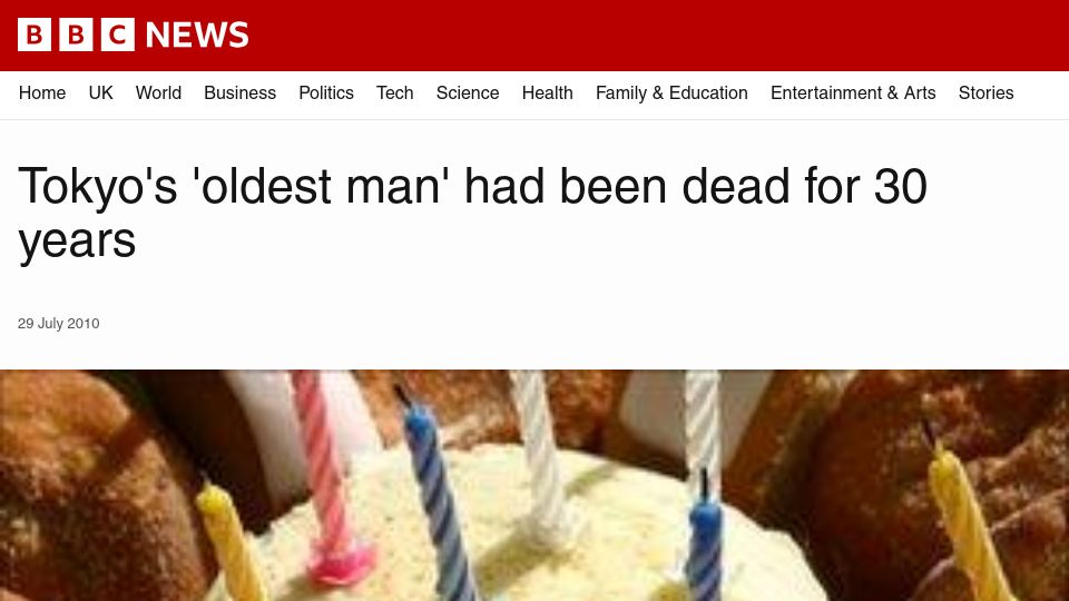 Screenshot of bbc.com: Tokyo's 'oldest man' had been dead for 30 years (2010)