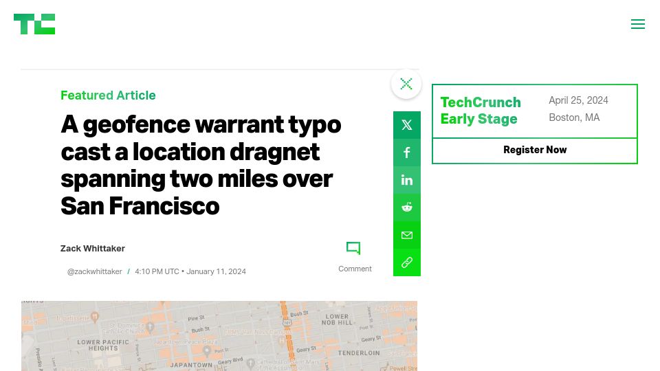 Screenshot of techcrunch.com: A geofence warrant typo cast a location dragnet spanning two miles over SF