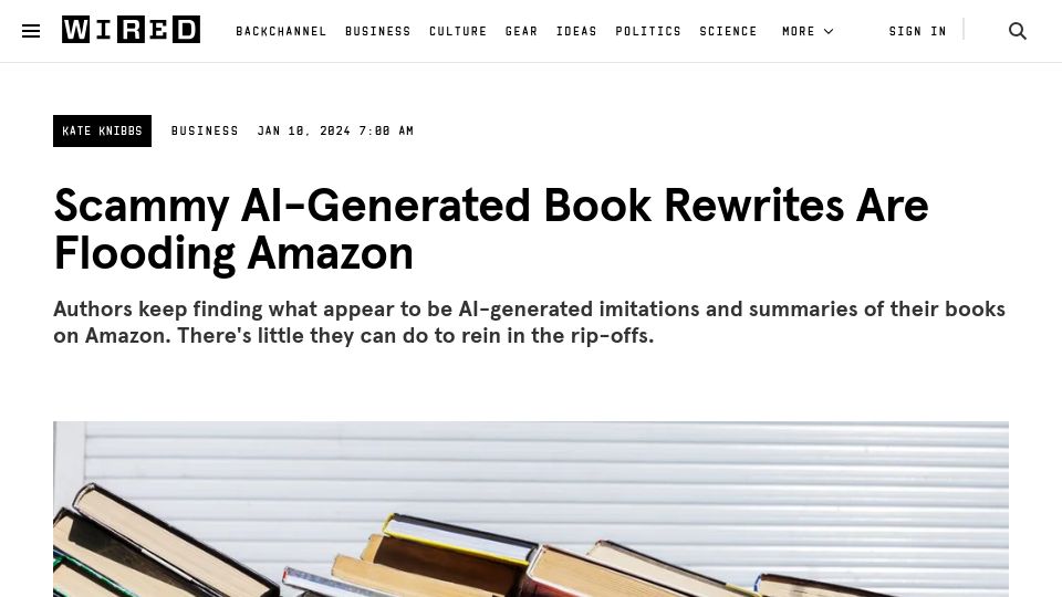 Screenshot of wired.com: Scammy AI-Generated Books Are Flooding Amazon
