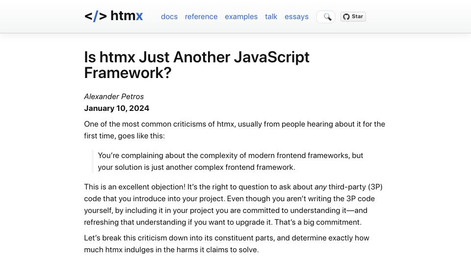 Screenshot of htmx.org: Is htmx Just Another JavaScript Framework?