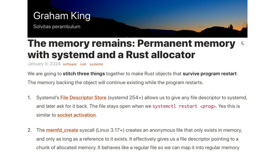 Screenshot of darkcoding.net: The memory remains: Permanent memory with systemd and a Rust allocator