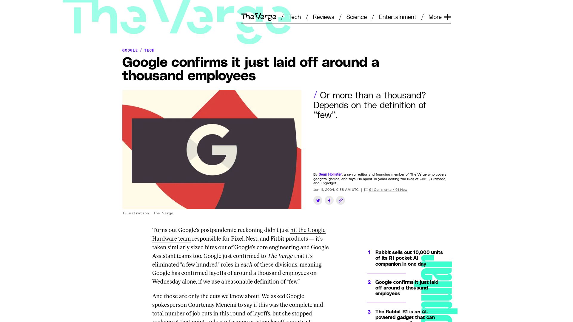 Screenshot of theverge.com: Google confirms it just laid off around a thousand employees