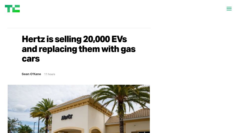 Screenshot of techcrunch.com: Hertz is selling 20k EVs and replacing them with gas cars