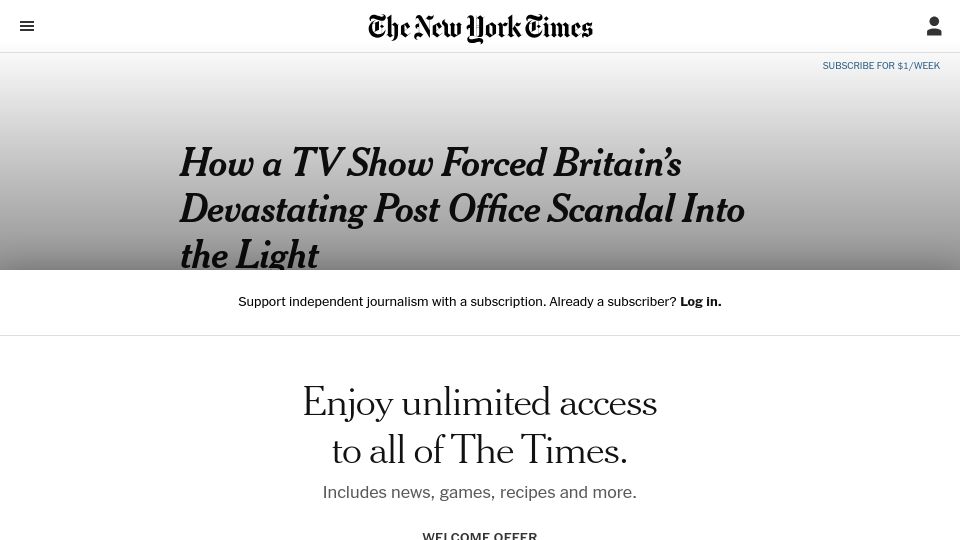 Screenshot of nytimes.com: A TV Show Forced Britain's Devastating Post Office Scandal into the Light
