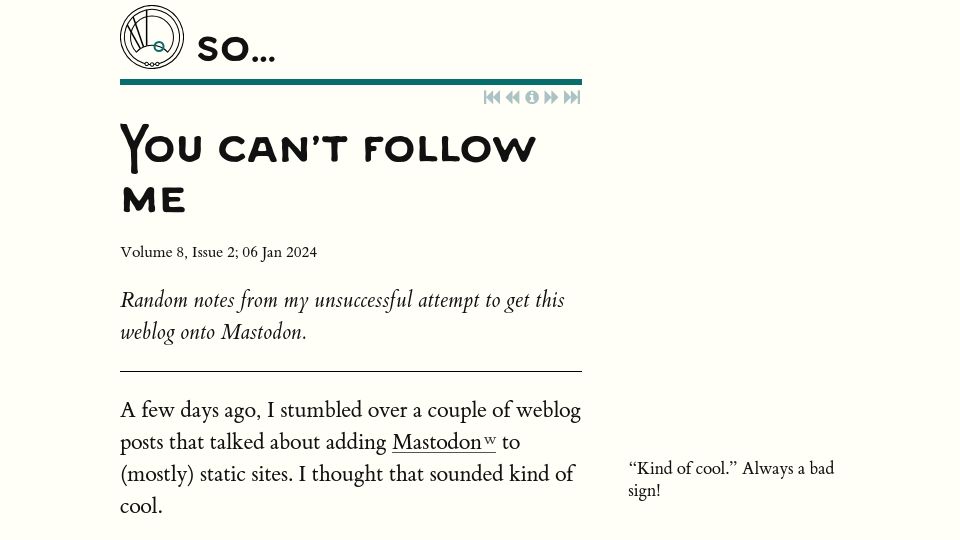 Screenshot of so.nwalsh.com: You can't follow me
