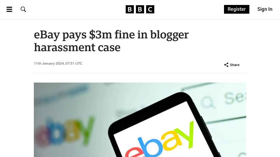 Screenshot of bbc.com: Executives at eBay sent live spiders and cockroaches to critical bloggers