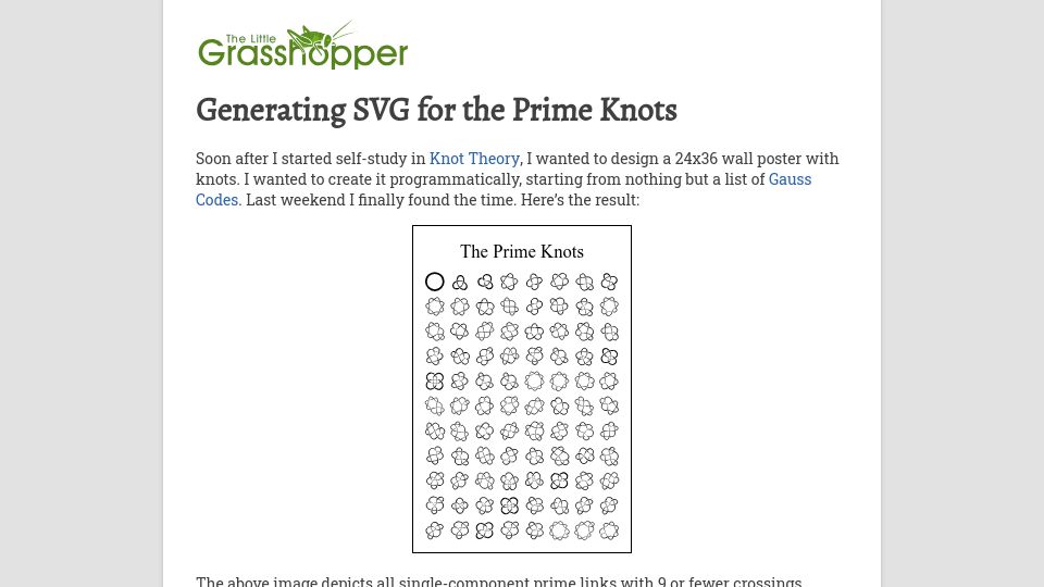 Screenshot of prideout.net: Generating SVG for the prime knots