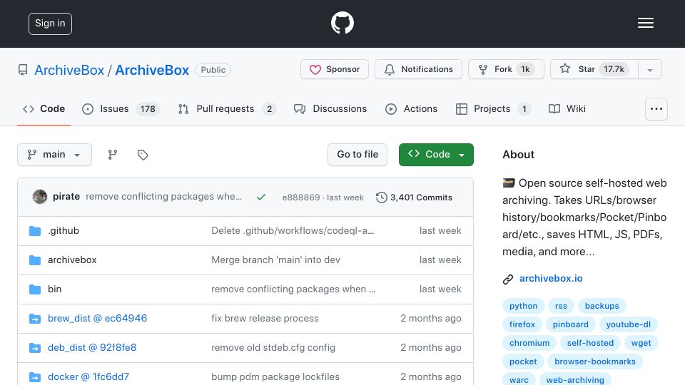Screenshot of github.com: ArchiveBox: Open-source self-hosted web archiving