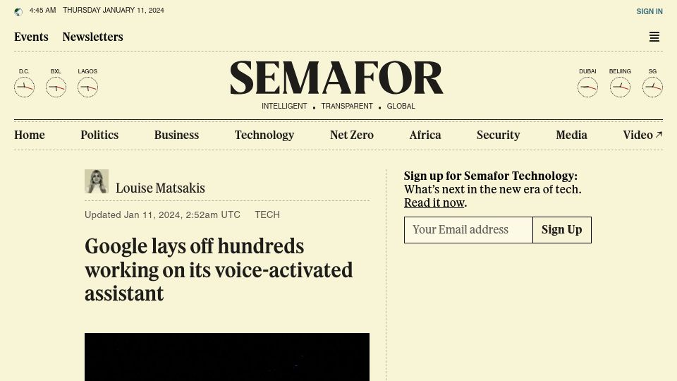 Screenshot of semafor.com: Google lays off hundreds working on its voice-activated assistant – Semafor