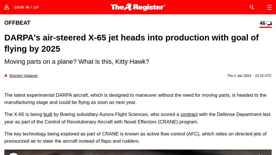 Screenshot of theregister.com: DARPA's air-steered X-65 jet