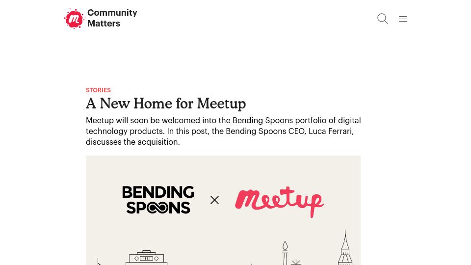 Screenshot of meetup.com: Meetup has been acquired by Bending Spoons