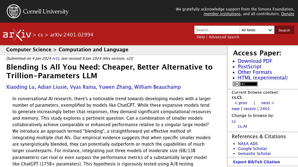 Screenshot of arxiv.org: Blending Is All You Need: Cheaper, Better Alternative to Trillion-Parameters LLM