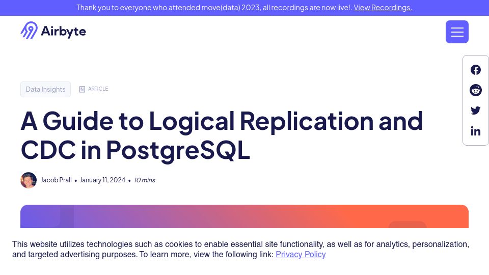 Screenshot of airbyte.com: A Technical Dive into PostgreSQL's replication mechanisms