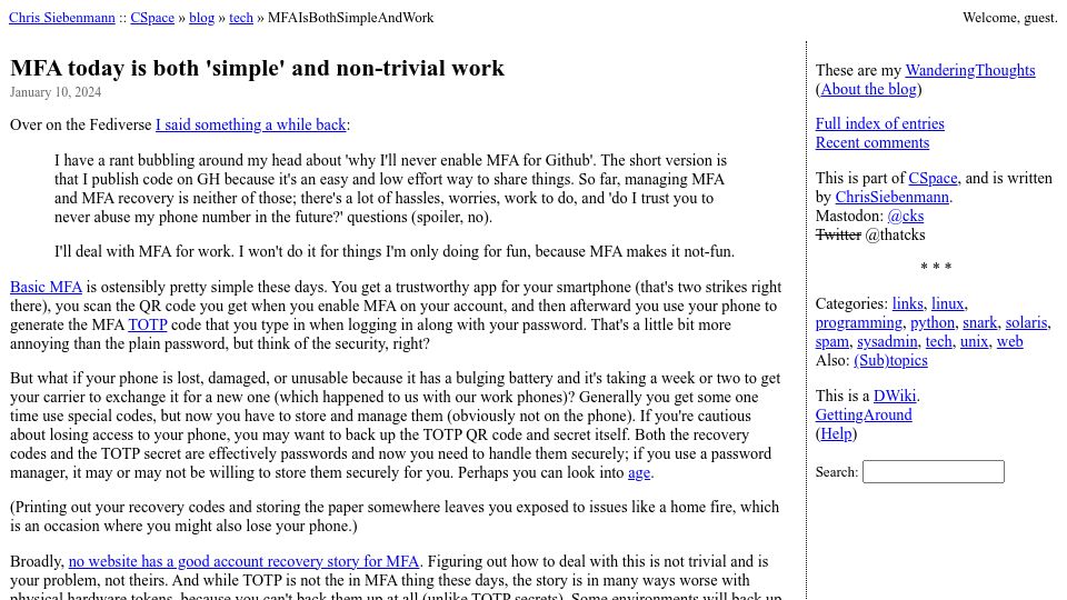 Screenshot of utcc.utoronto.ca: MFA today is both 'simple' and non-trivial work