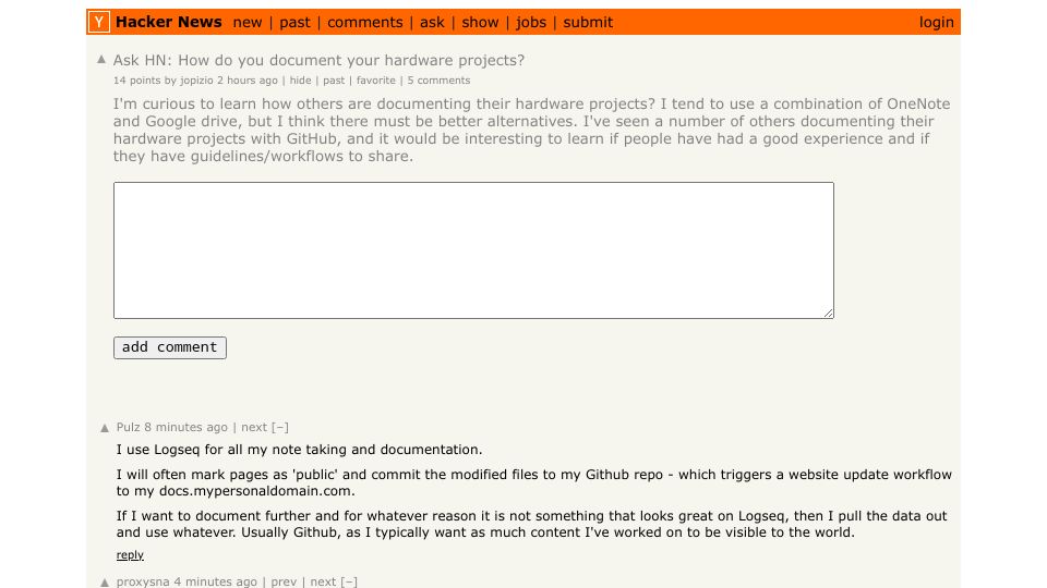 Screenshot of Hacker News post: Ask HN: How do you document your hardware projects?