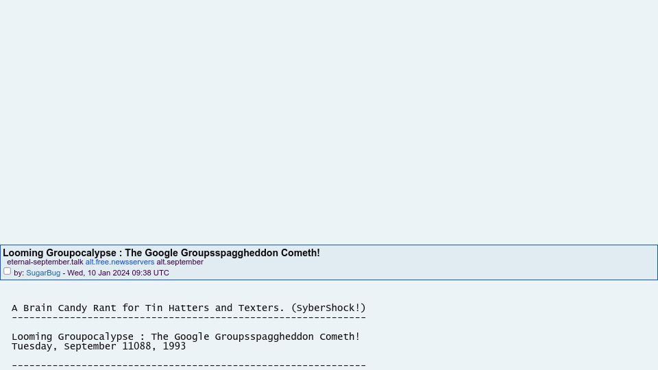 Screenshot of news.novabbs.org: Looming Groupocalypse: The Google Groupsspaggheddon Cometh