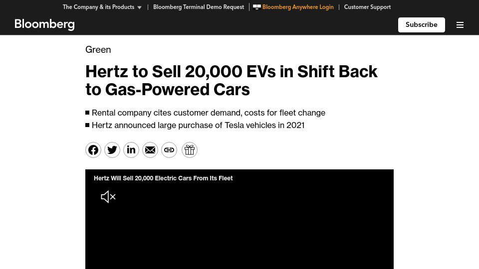Screenshot of bloomberg.com: Hertz to sell 20k EVs in shift back to gas-powered cars