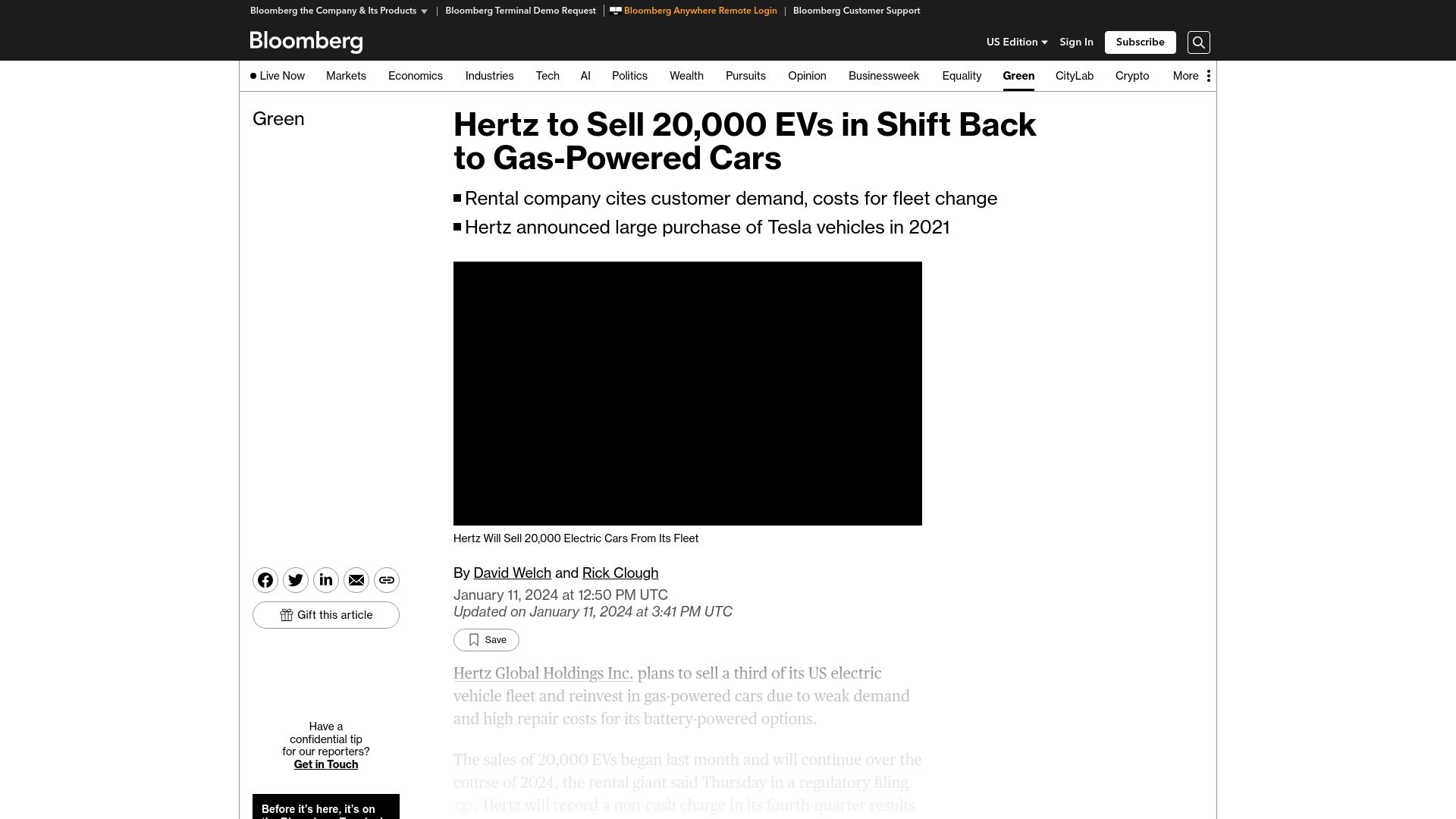 Screenshot of bloomberg.com: Hertz to sell 20k EVs in shift back to gas-powered cars