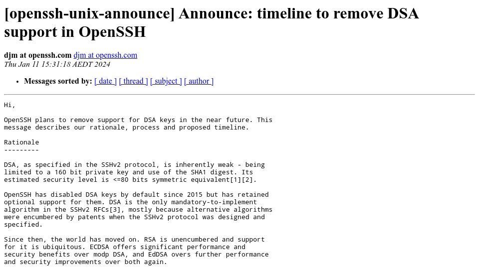 Screenshot of lists.mindrot.org: Timeline to remove DSA support in OpenSSH
