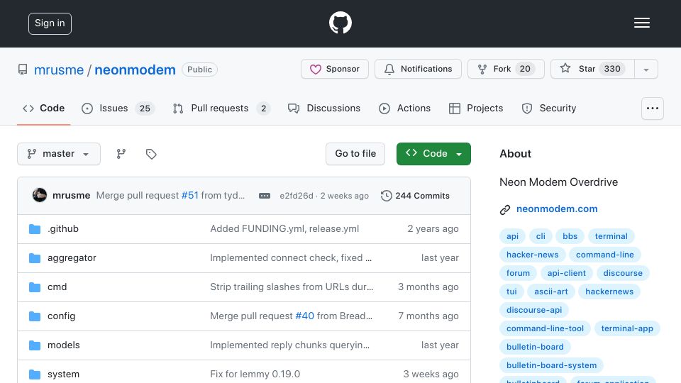 Screenshot of github.com: Neonmodem: TUI for Lobsters, HN, etc.