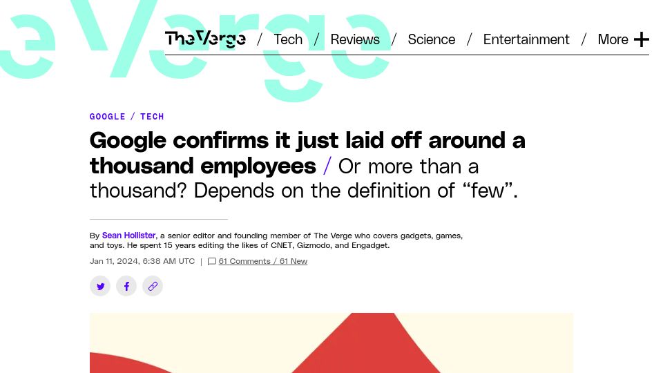 Screenshot of theverge.com: Google confirms it just laid off around a thousand employees