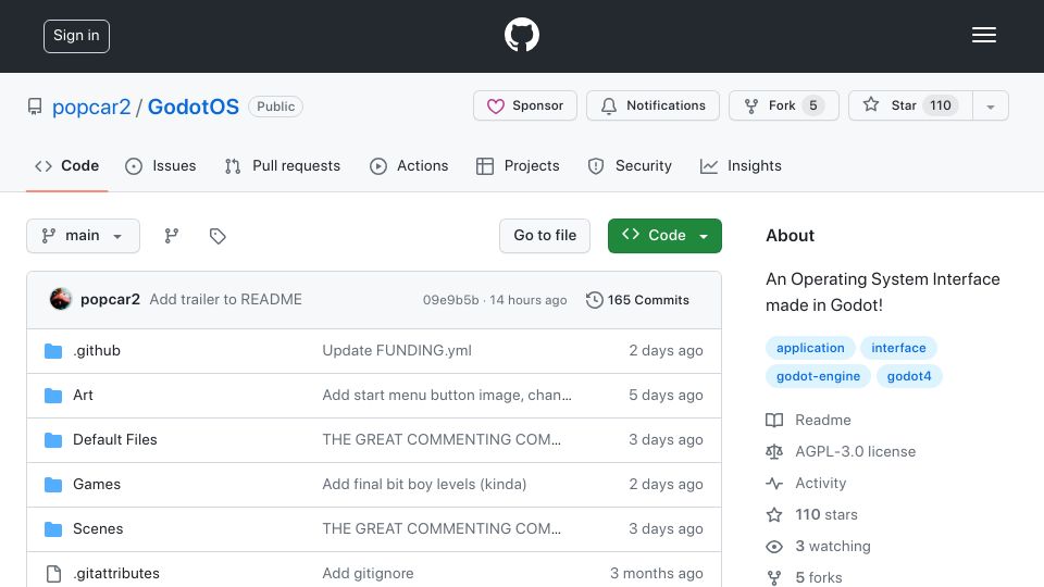 Screenshot of github.com: Show HN: GodotOS – Fake operating system interface made in the Godot engine