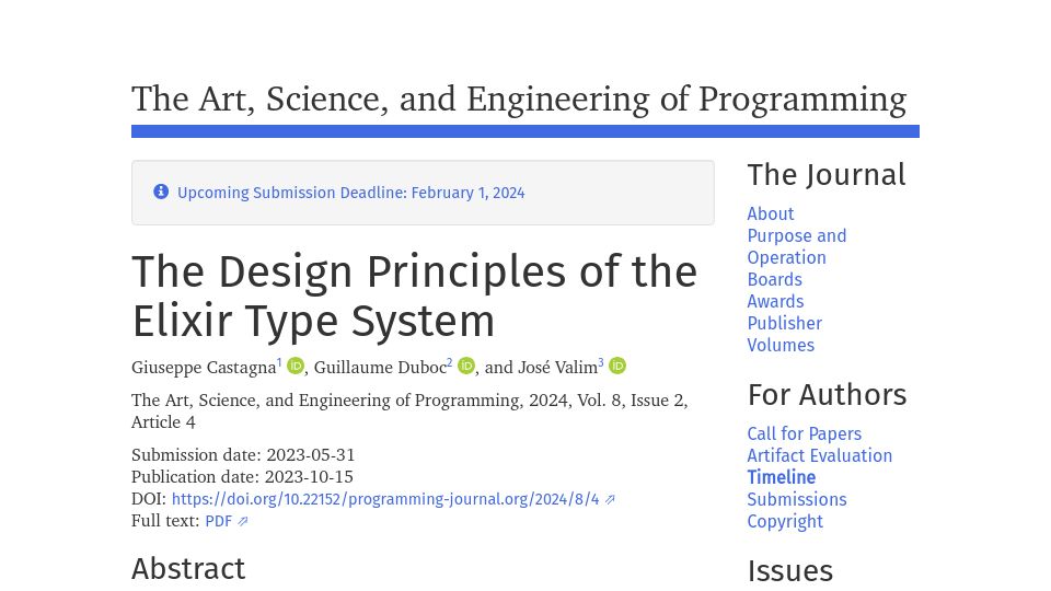 Screenshot of programming-journal.org: The Design Principles of the Elixir Type System