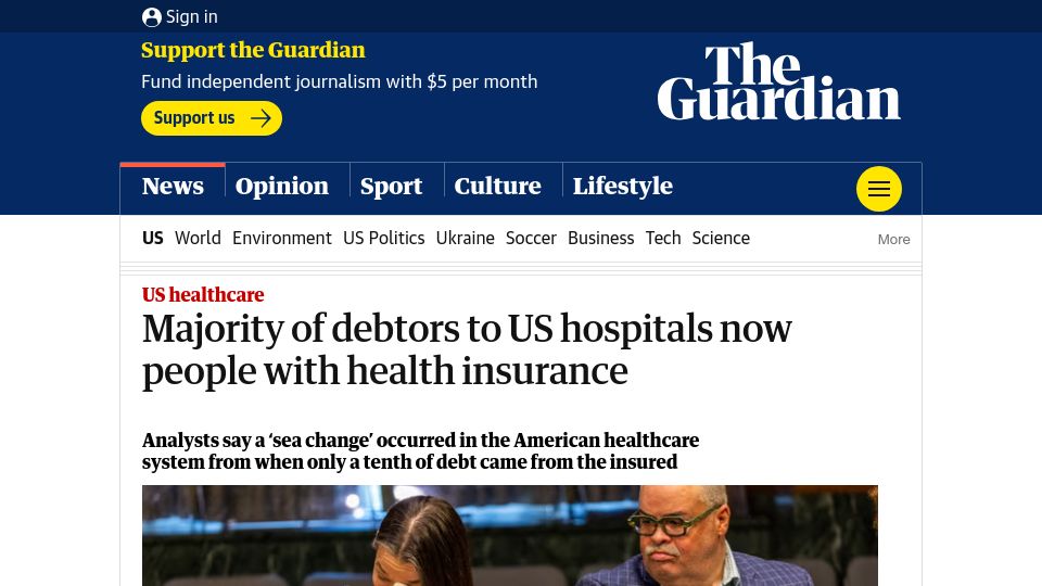Screenshot of theguardian.com: Majority of debtors to US hospitals now people with health insurance