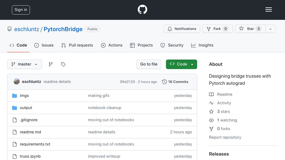 Screenshot of github.com: Designing bridge trusses with Pytorch autograd