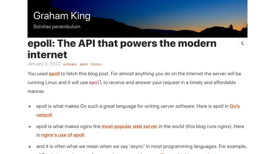 Screenshot of darkcoding.net: epoll: The API that powers the modern internet (2022)