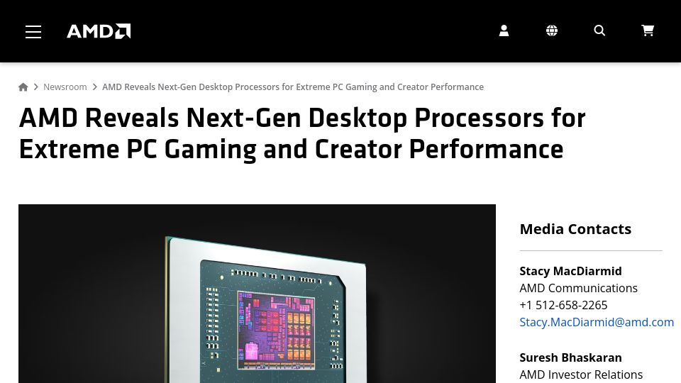 Screenshot of amd.com: AMD Reveals Next-Gen Desktop Processors for Extreme PC Gaming