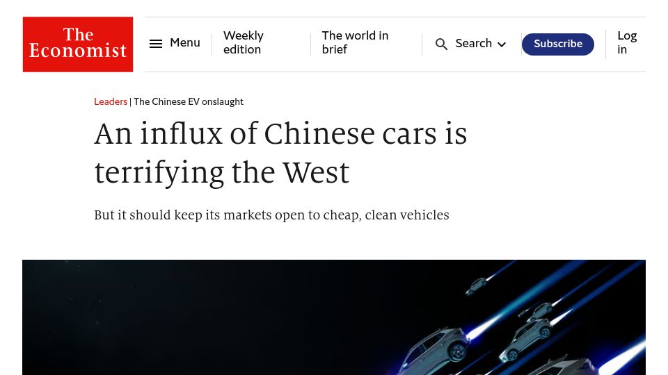 Screenshot of economist.com: An influx of Chinese cars is terrifying the West