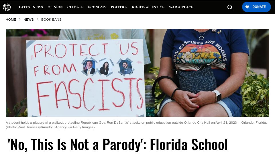 Screenshot of commondreams.org: Florida School District Bans Dictionaries Under DeSantis Law