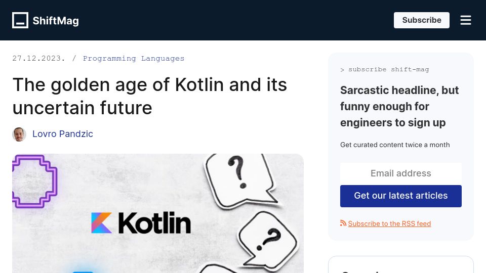 Screenshot of shiftmag.dev: The golden age of Kotlin and its uncertain future