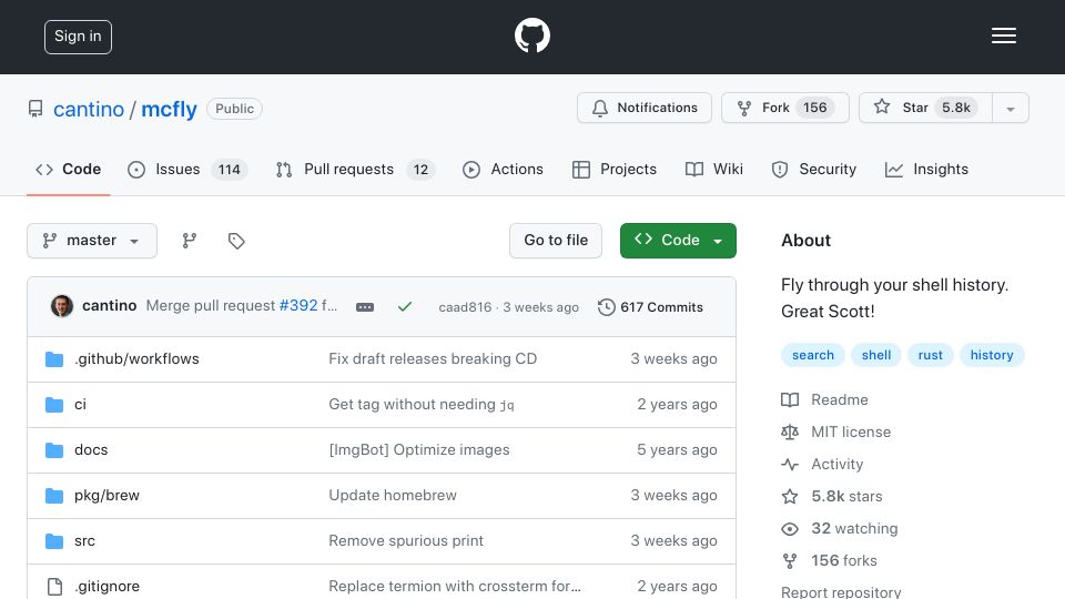 Screenshot of github.com: Fly through your shell history
