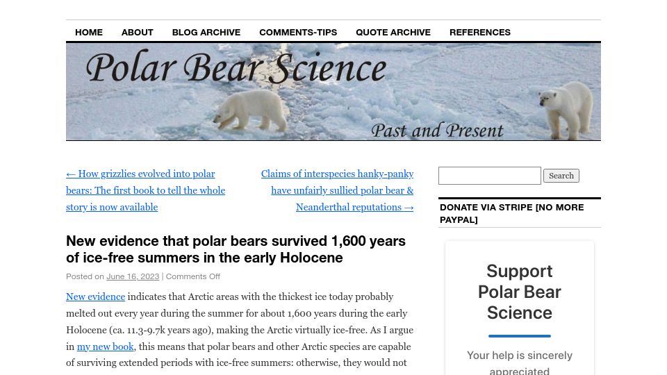 Screenshot of polarbearscience.com: New evidence that polar bears survived 1,600 years of ice-free Holocene summers