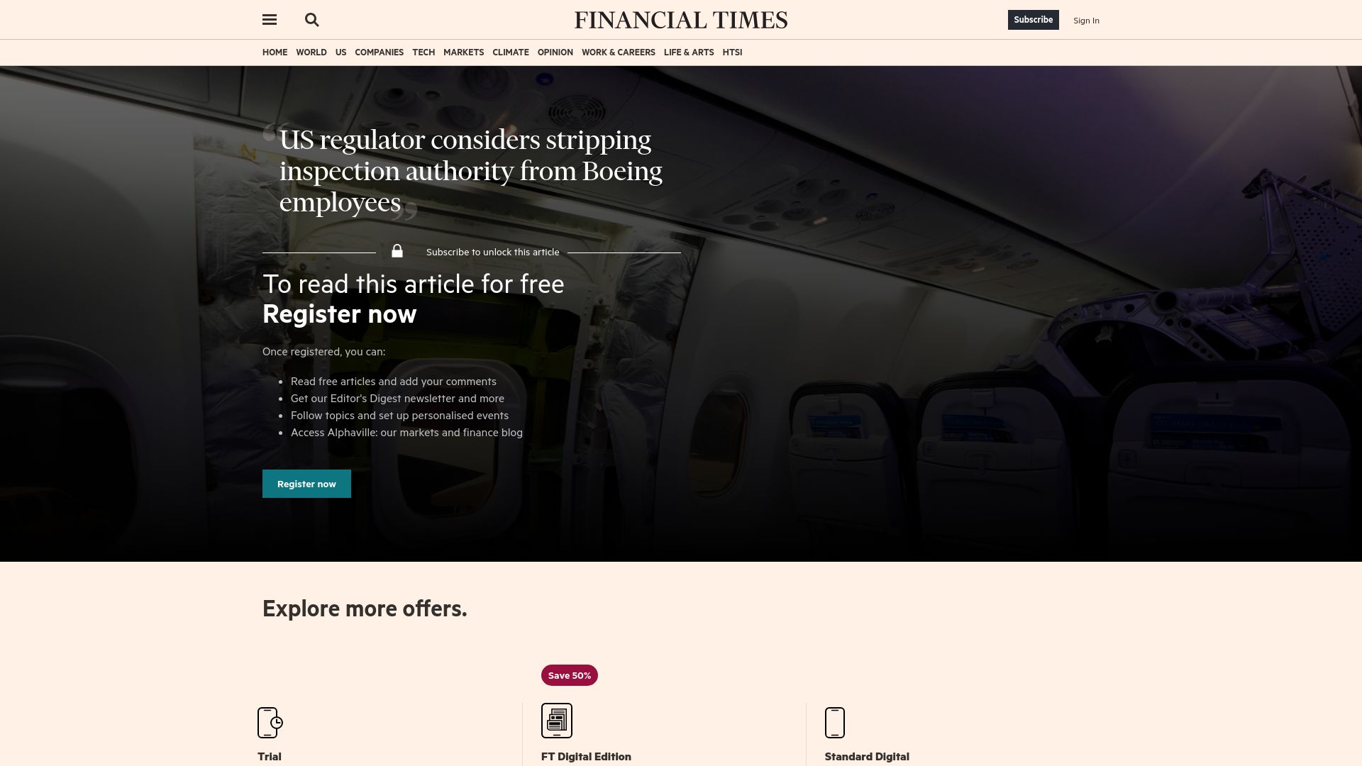 Screenshot of on.ft.com: US regulator considers stripping Boeing's right to self-inspect planes