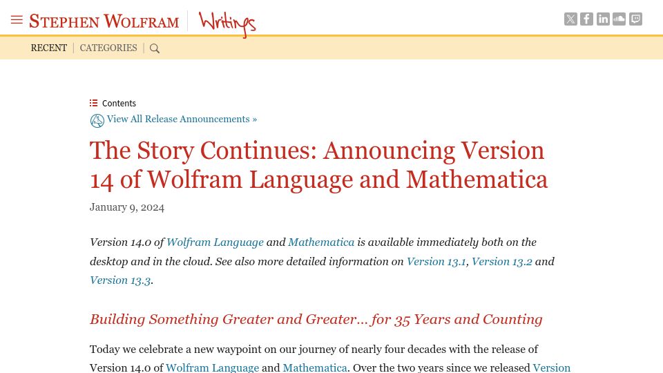 Screenshot of writings.stephenwolfram.com: Mathematica 14