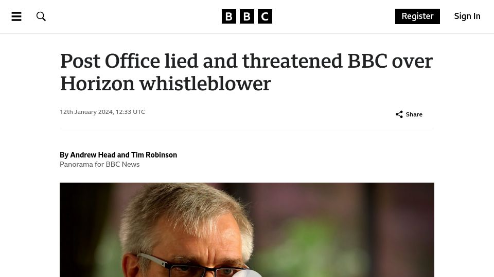 Screenshot of bbc.co.uk: Post Office lied and threatened BBC over Fujitsu dev whistleblower